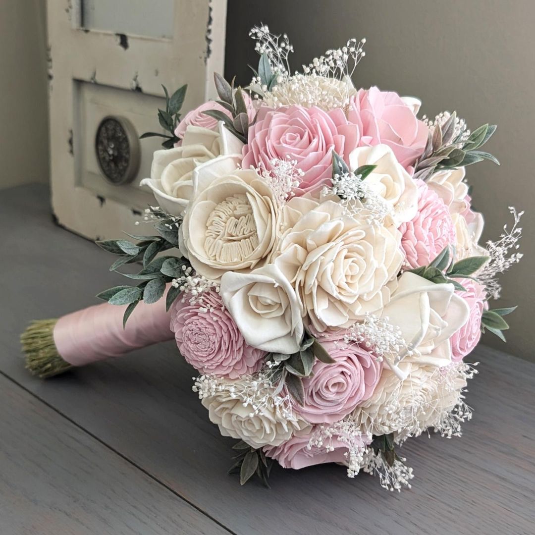 Blush and Ivory Sola Wood Flower Bouquet with Baby's Breath and Greenery -  Bridal Bridesmaid Toss | MakerPlace by Michaels, image size:1080x1080