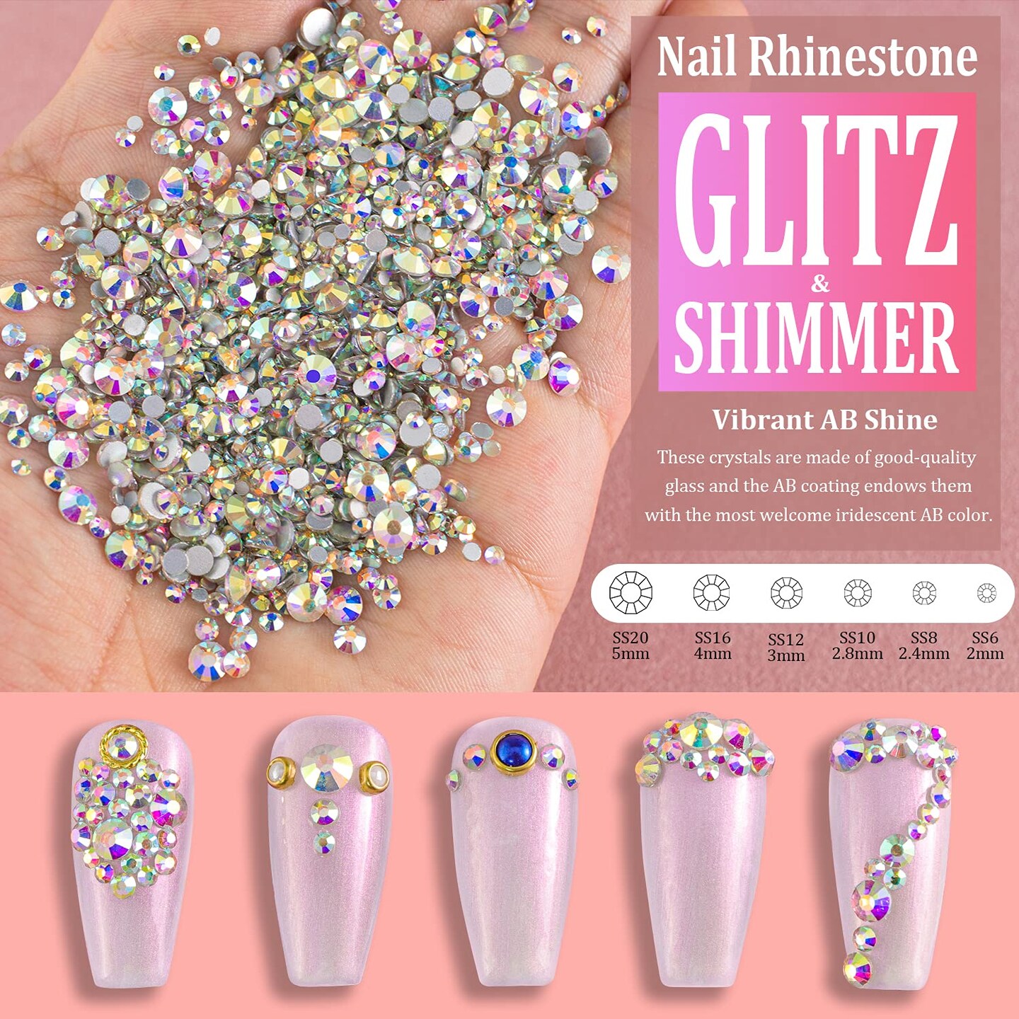 1720 Pieces Multi Shapes 3D Glass AB Crystal Nail Art Rhinestones Kit with Flatback Round Bead Charm Gem Stone Jewelry Diamond with Pickup Pen + Tweezer for Manicure Craft Decoration by BELLEBOOST (Iridescent)