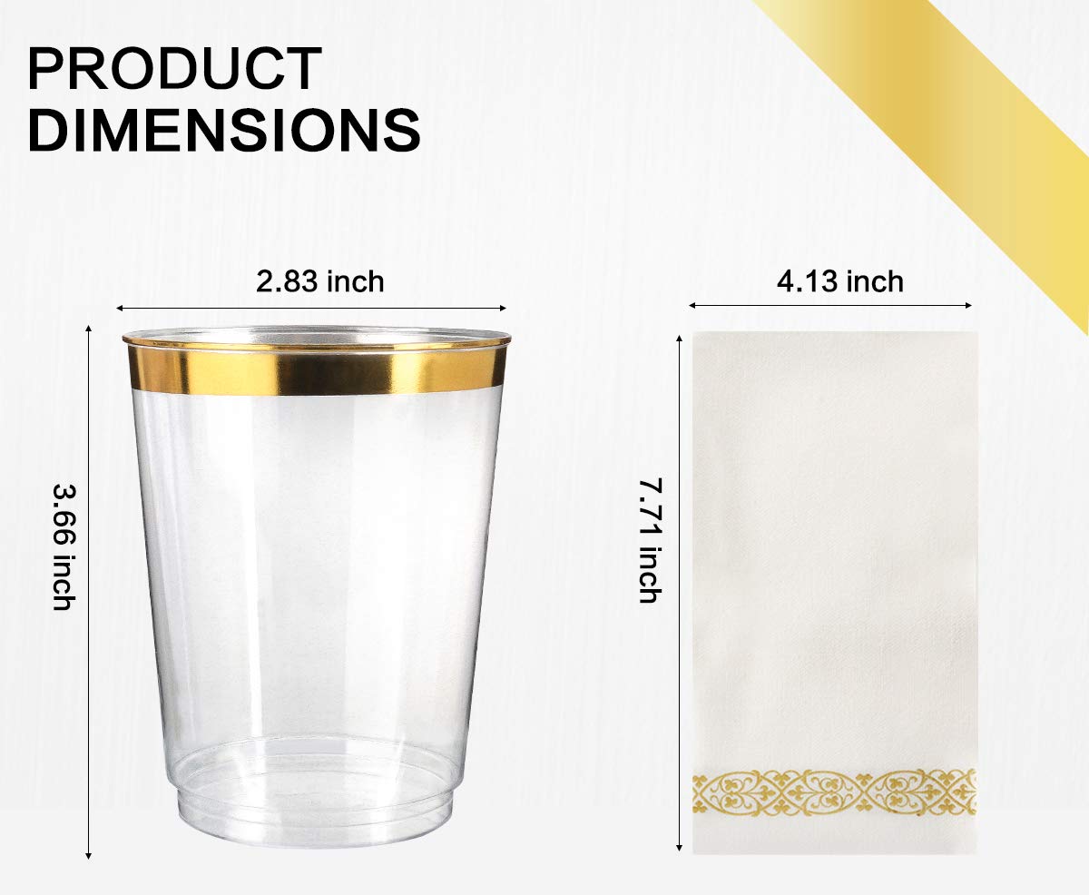 175 Piece Gold Dinnerware Set - 50 Gold Rim Plastic Plates - 25 Gold Plastic Silverware - 25 Gold Plastic Cups - 25 Gold Paper Napkins, 25 Guest Disposable Gold Dinnerware Set