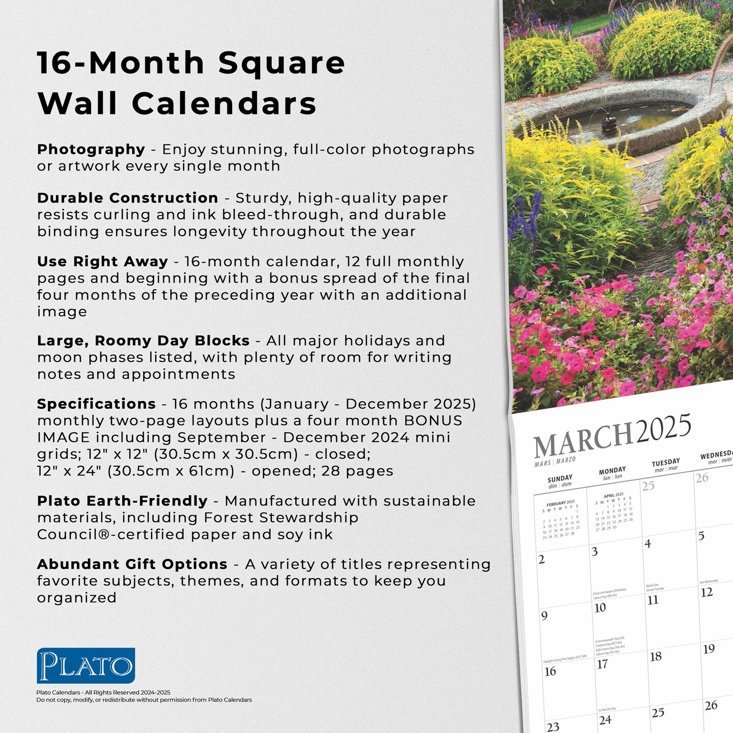 Gorgeous Gardens | 2025 12 x 24 Inch Monthly Square Wall Calendar | Foil Stamped Cover | Plato | Outdoor Home Country Nature