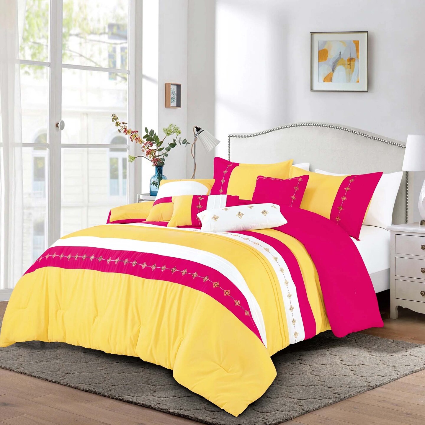 Yellow &#x26; Pink Boho Embroidery 7 Pieces Comforter Set