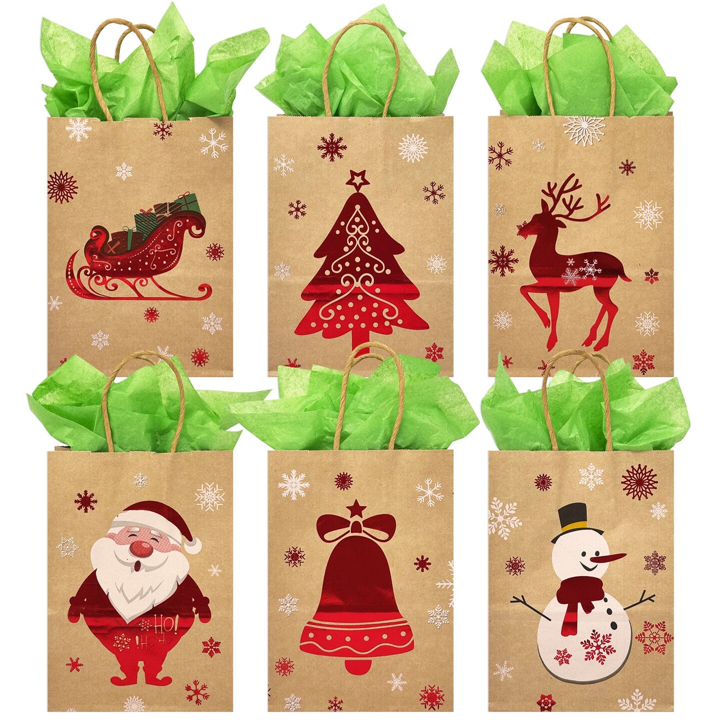 Wrapables Christmas Holiday Kraft Gift Bags with Handles and Tissue Paper for Gift Wrap, Parties, Favors and Treats (Set of 12), Festive Red