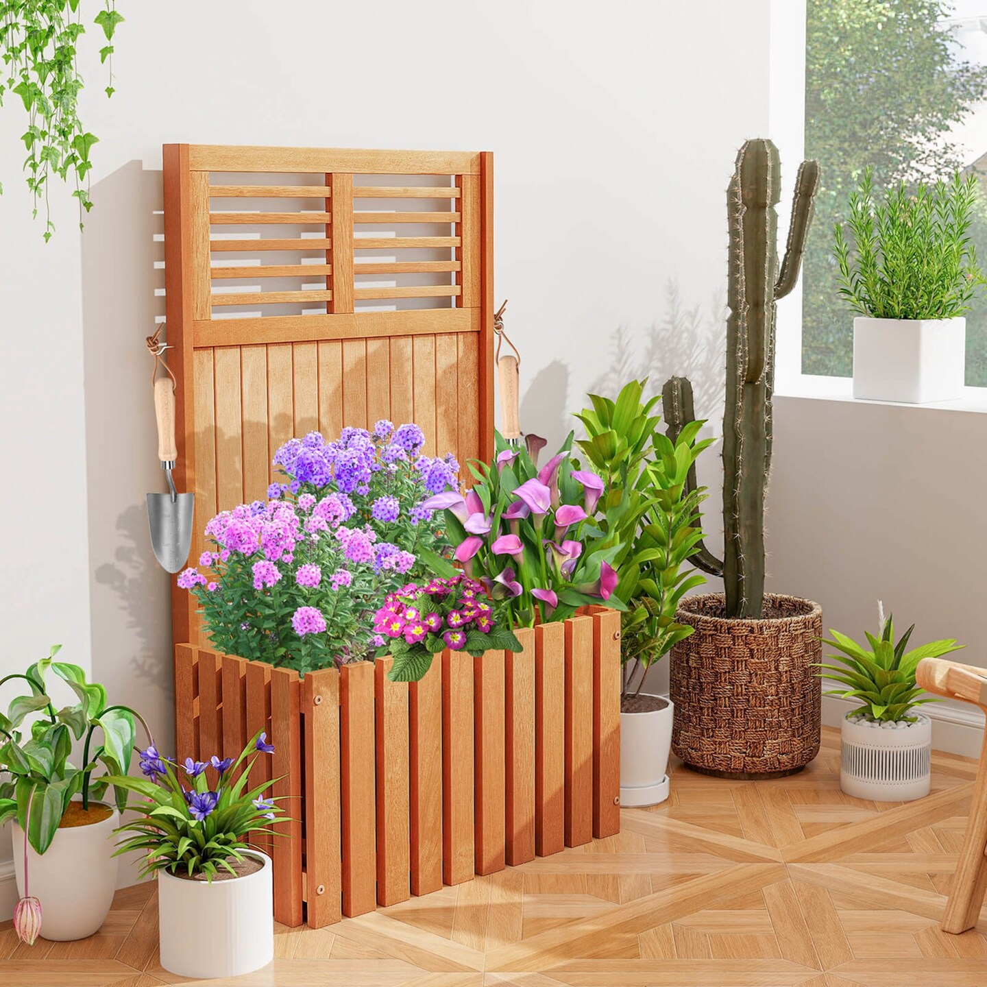 Costway 1/2 PCS Wooden Plant Stand Raised Garden Bed with Trellis & Planter Box Privacy Screen