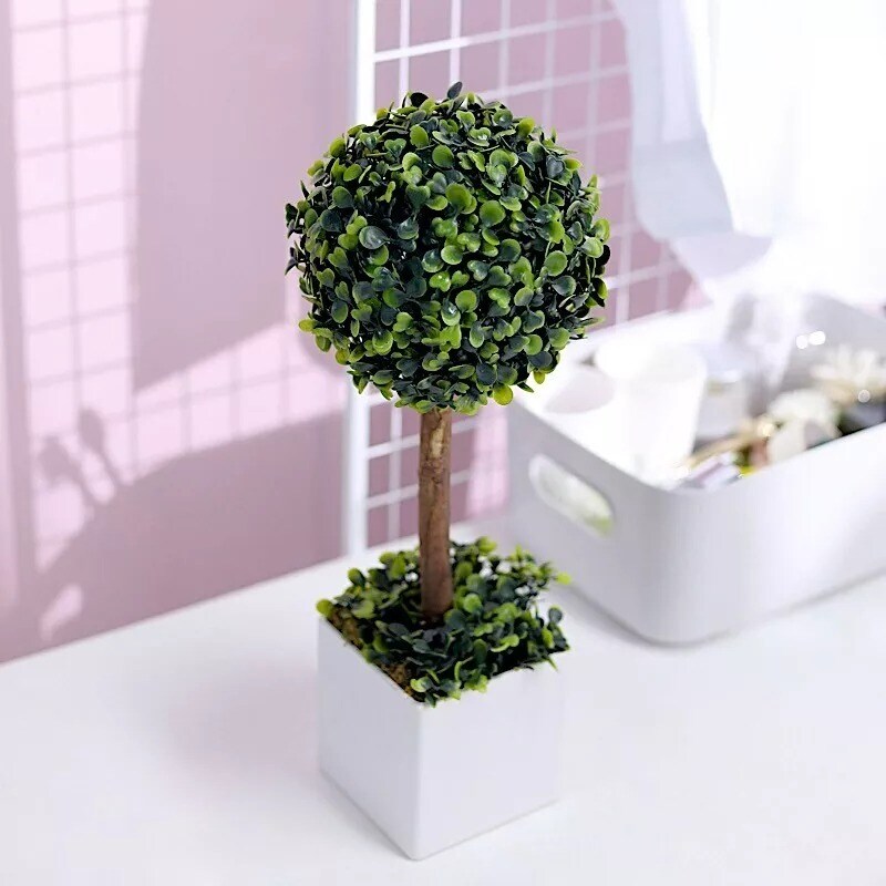 Green 16&#x22; ARTIFICIAL Mini Boxwood Ball Topiary Tree White PLANTER POT Party Home