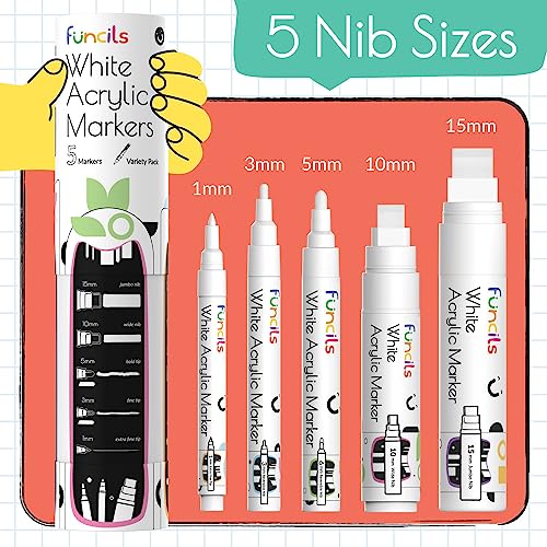 5 Acrylic White Paint Pens - Fine & Jumbo Size Ink Pens (1mm, 3mm, 6mm, 10mm, 15mm) - Permanent White Marker Ink for Rock Painting, Fabric, Tire, Metal, Wood, Canvas, Glass, Plastic, Ceramic
