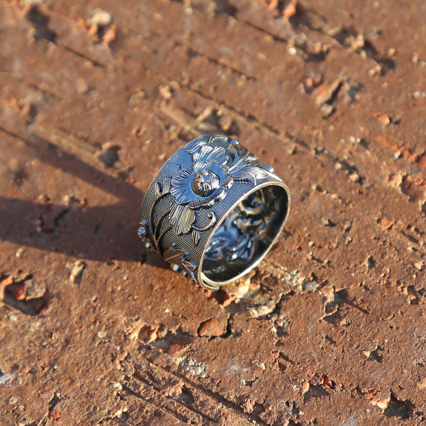 Vintage Style Embossed Flower Adjustable Silver Ring Mens Ring Chinese Lotus Buddhist Om Ring Man Ring Nepal Ring MakerPlace by Michaels