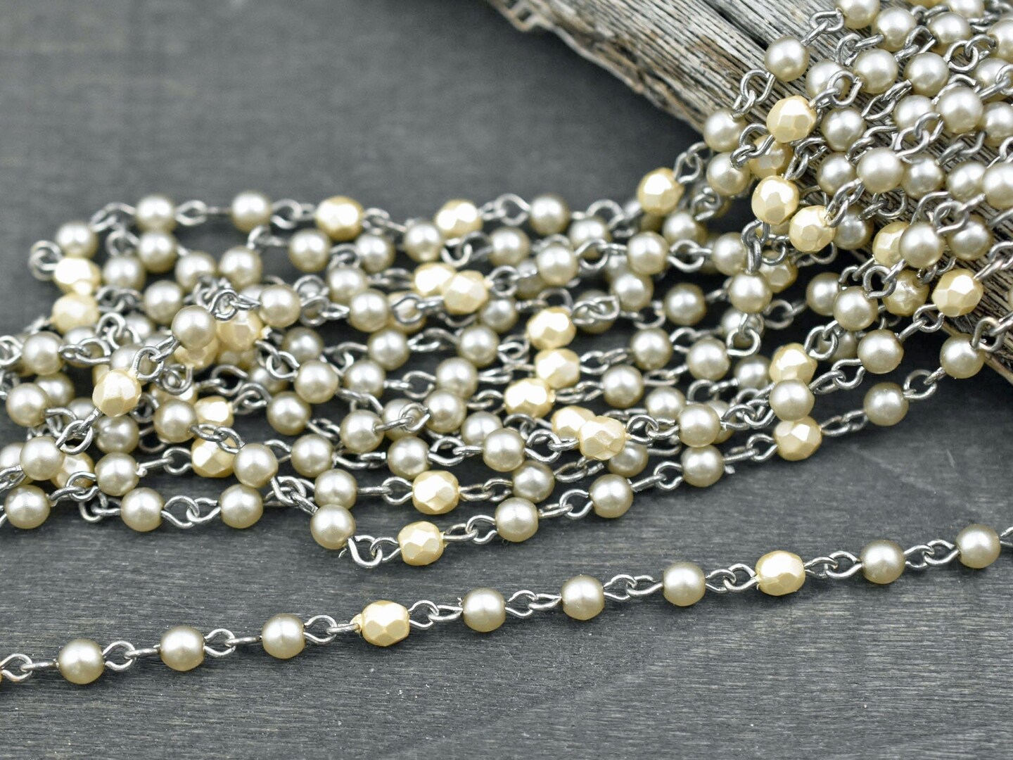 4mm Satin Taupe Pearl & Cream Fire Polished Round Beads w/Silver Beaded Chain