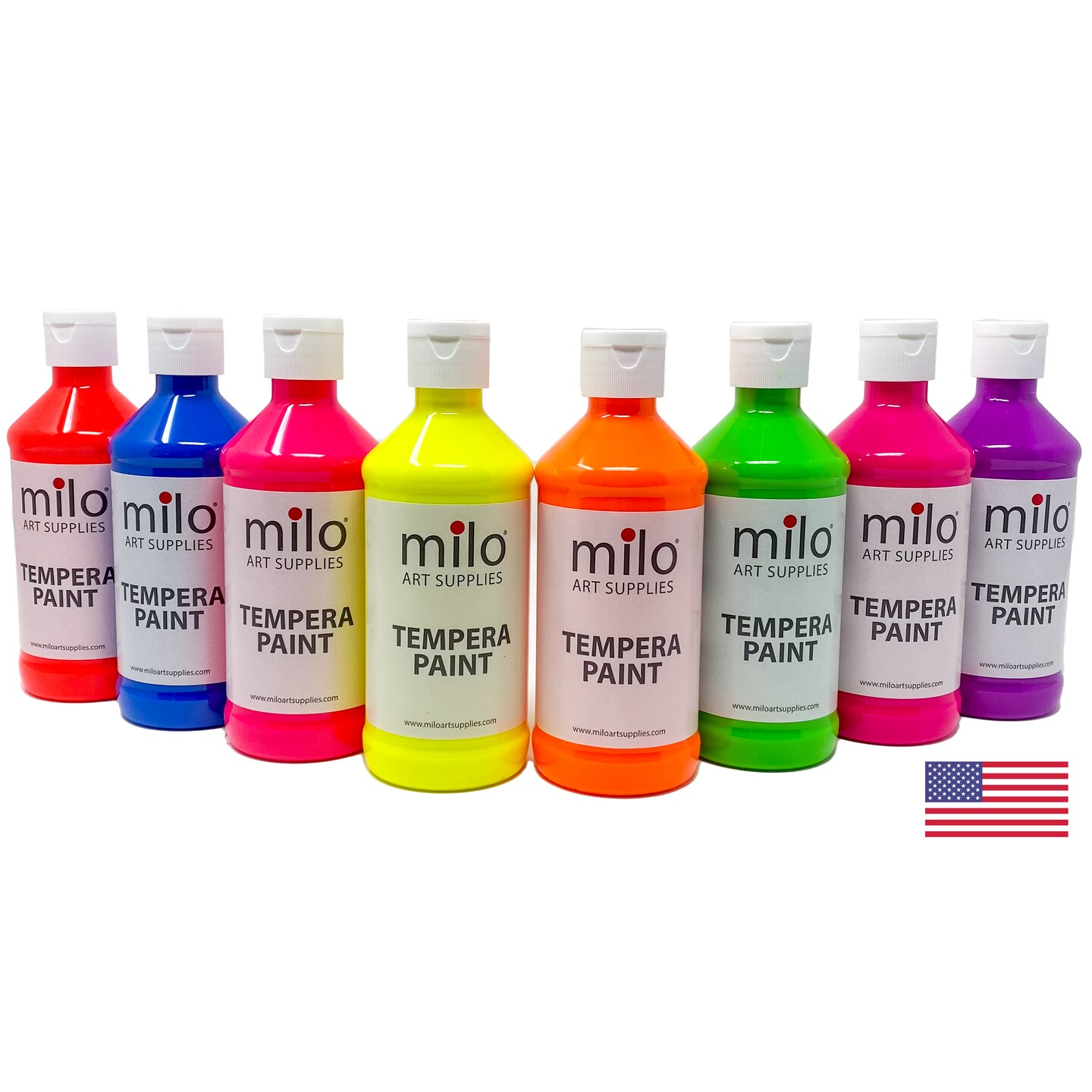 milo Fluorescent Tempera Paint Set of 8 Colors | 8 oz Bottles | Made in the USA | Washable and Non-Toxic Neon Art &#x26; Craft Poster Primary Paints for Artists, Kids, &#x26; Hobby Painters, Glows UV in Black Light