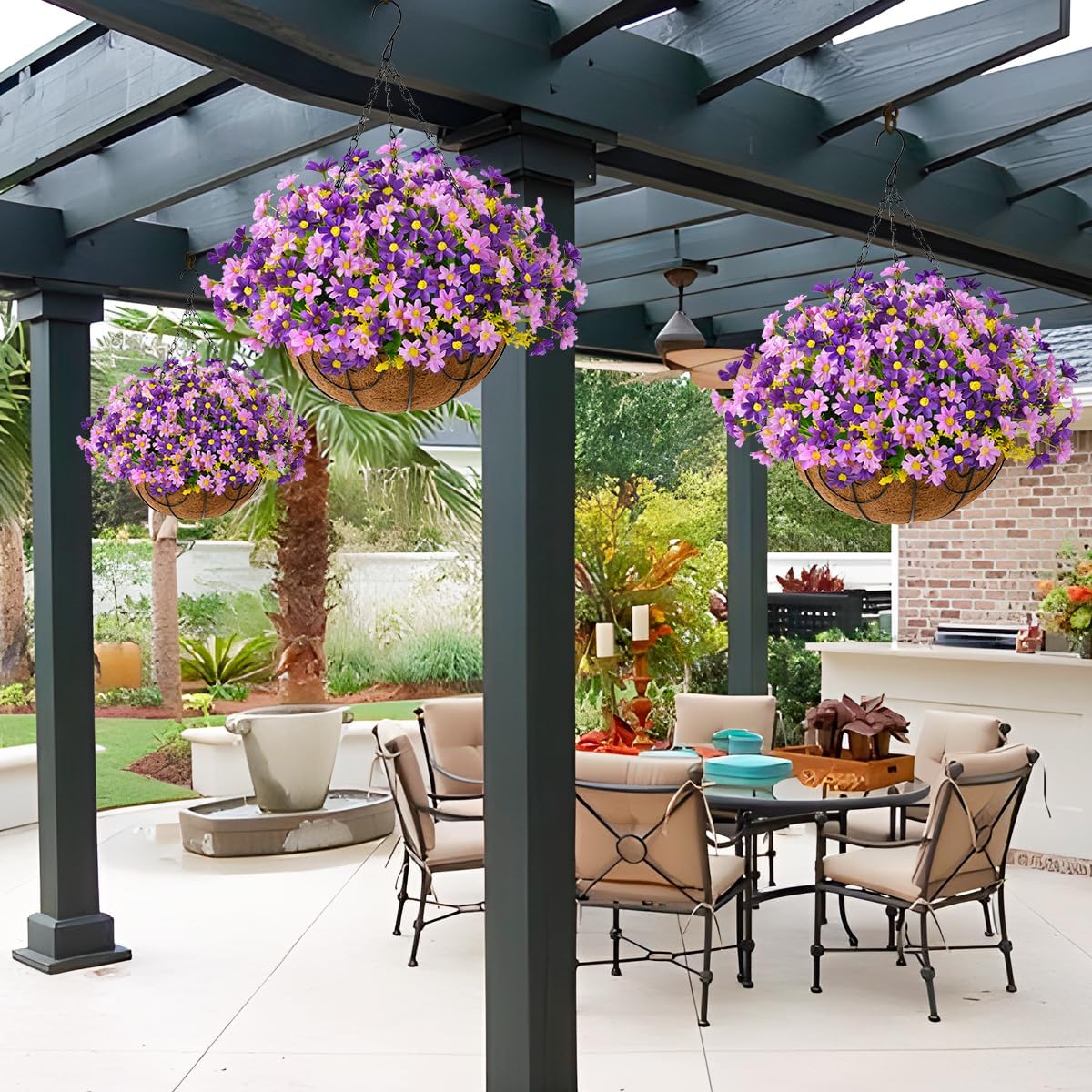 Purple Artificial Hanging Daisy Flowers in Coconut Basket