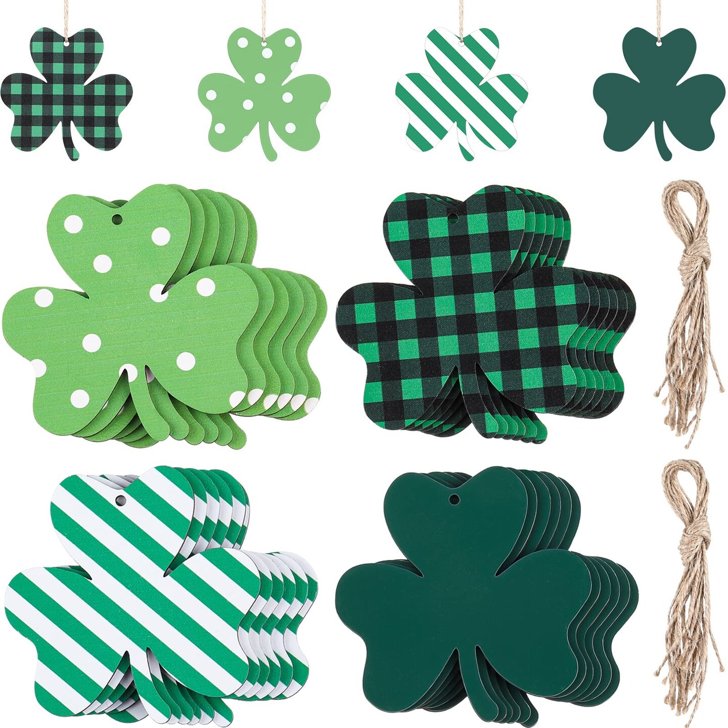 24 Pieces St Patricks Day Decorations Shamrocks Wooden Ornaments Wooden Shamrocks Clover Ornament Shamrock Wooden Cutouts Hanging Ornament with Rope for St Patrick&#x27;s Day Tree Table Decor (Simple Style)