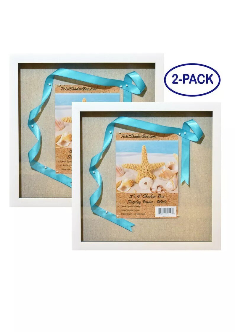 (2-Pack) 12x12&#x22; White Display Shadow Box Frame 8 Push Pins a Linen Background