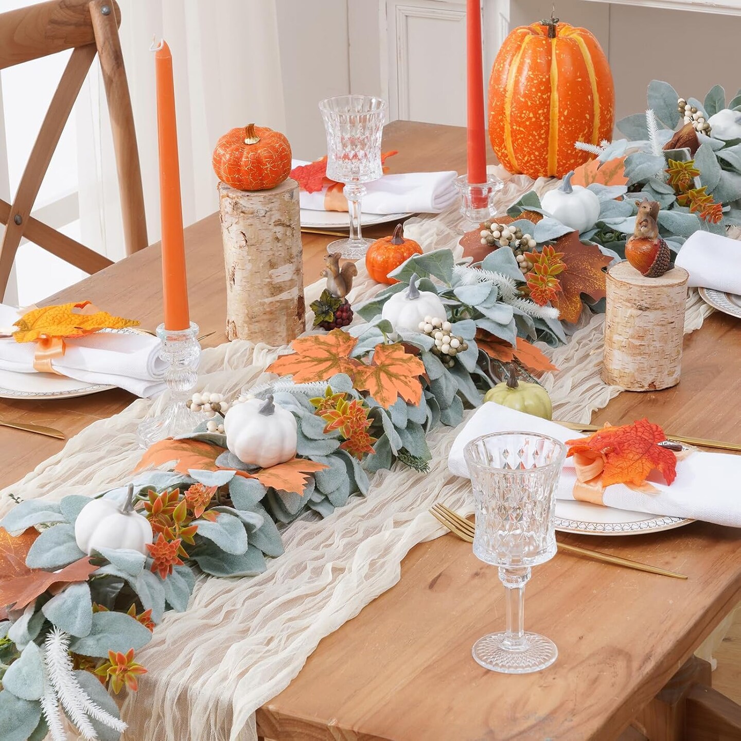 Mantle, Fall Leaves Garland with Pumpkin Maple Leaves for Autumn Home Table Thanksgiving Farmhouse Decorations