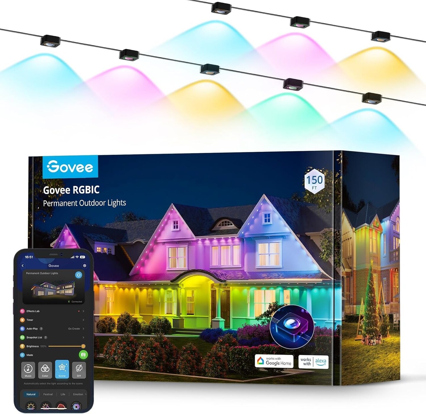 Permanent Outdoor Lights, Smart RGBIC Outdoor Lights with 75 Scene Modes, 150Ft with 108 LED IP67 Lights for Halloween Decorations, Christmas, Work with Alexa, Google Assistant, Black Version