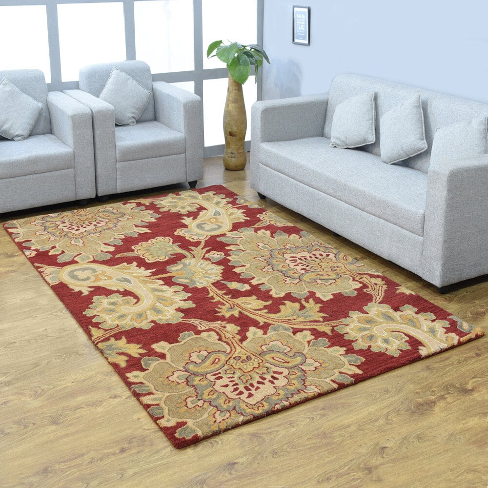 Hand Tufted Wool Area Rug Dark Red Floral 5X8 Eco-Friendly Soft K00151