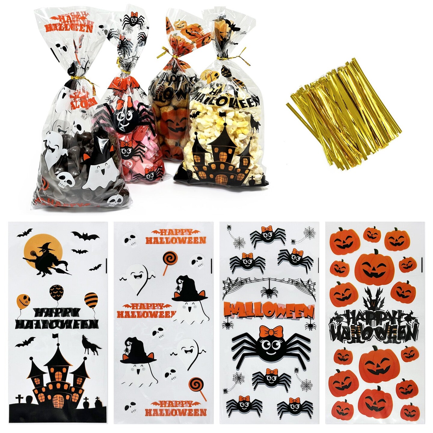 Wrapables Halloween Cellophane Treat Bags With Twist Ties for Candy, Treats, Trick or Treat and Party Favors, Halloween Treat Bags, Halloween Gift Bags, Halloween Goody Bags (100pcs), Creepy Critters