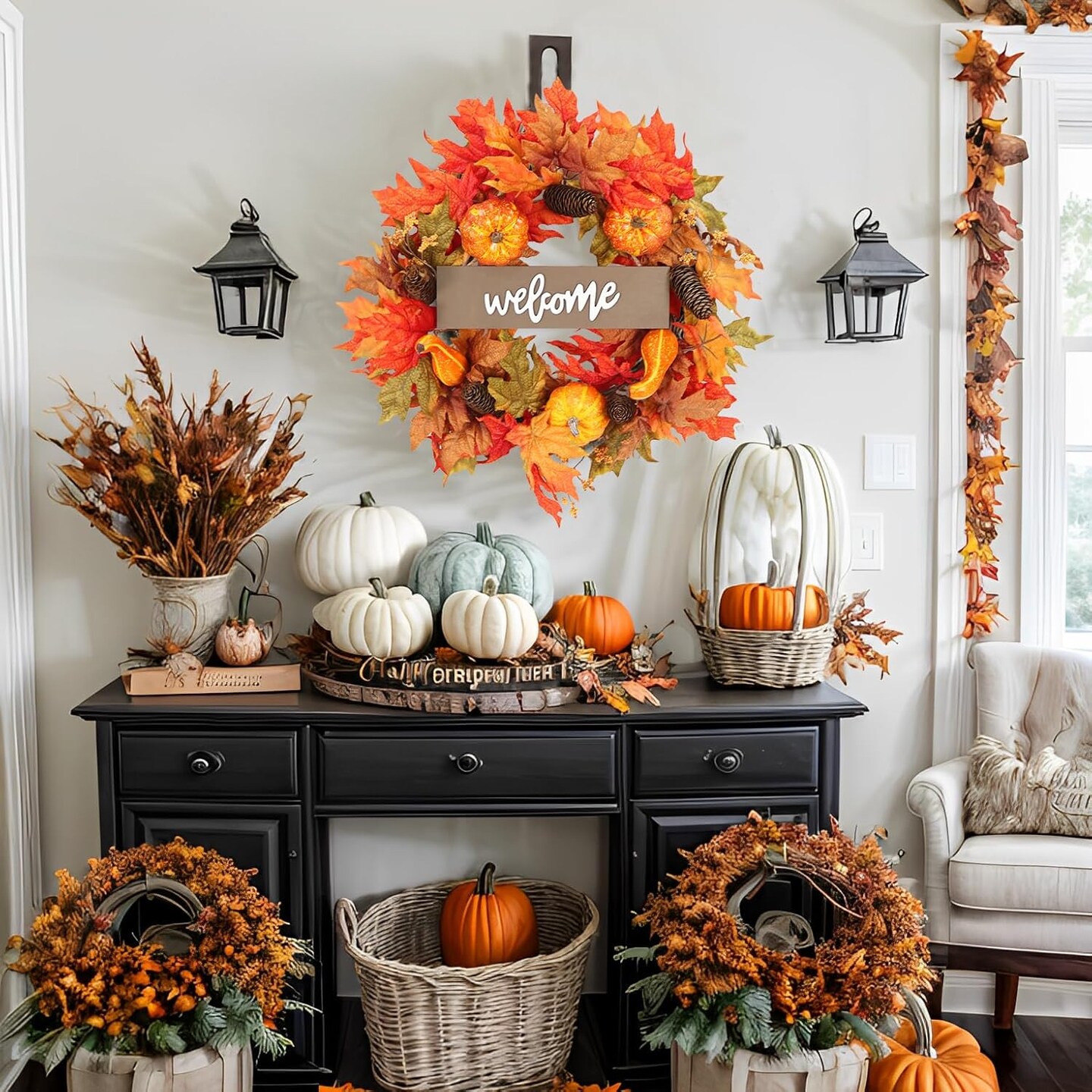 Fall Decor Autumn Maple Leaves Pumpkin Pine Cone Berries Wreath, Fall Decorations for Harvest Thanksgiving Halloween Farmhouse Home Outside Window Wall