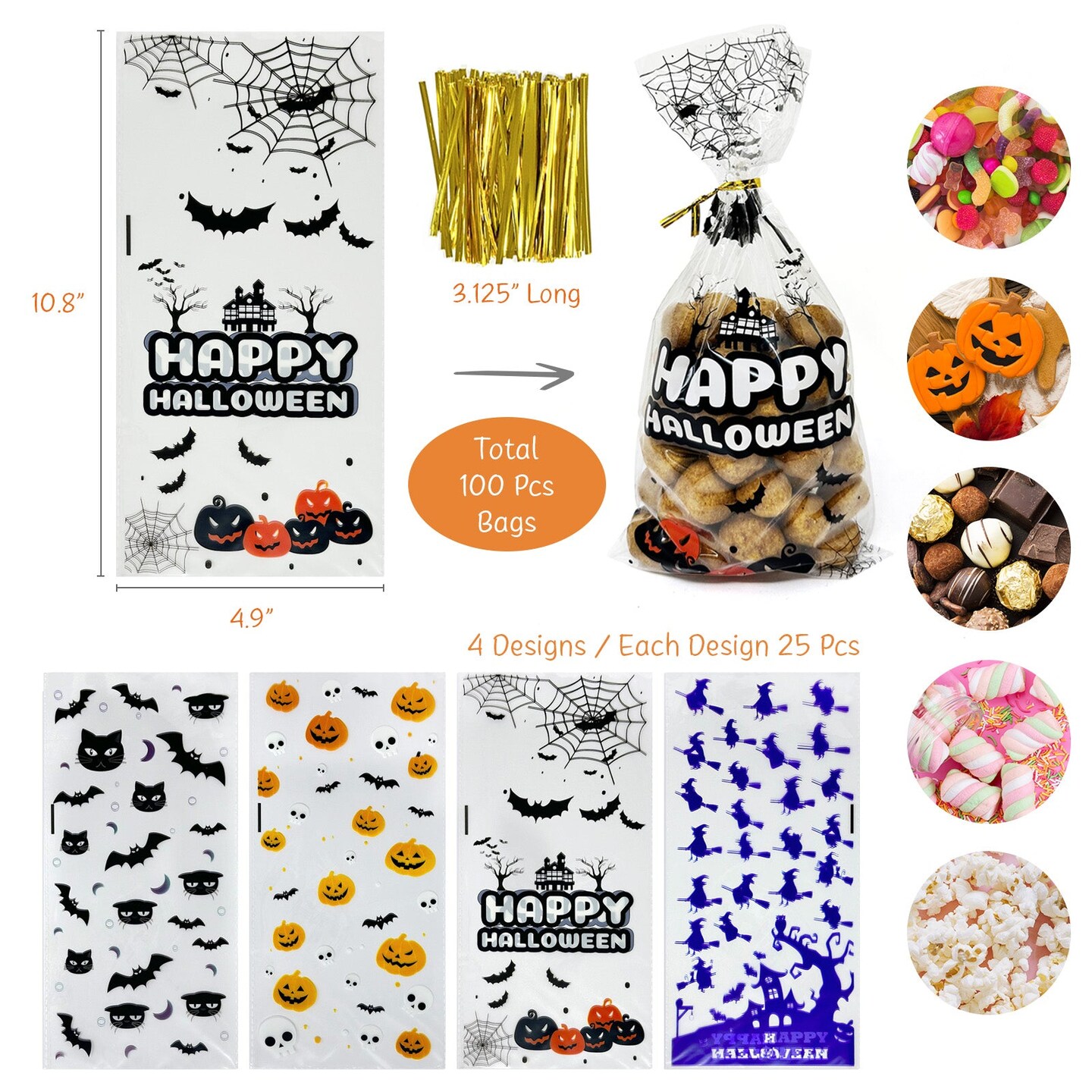 Wrapables Halloween Cellophane Treat Bags With Twist Ties for Candy, Treats, Trick or Treat and Party Favors, Halloween Treat Bags, Halloween Gift Bags, Halloween Goody Bags (100pcs), Dark Creatures
