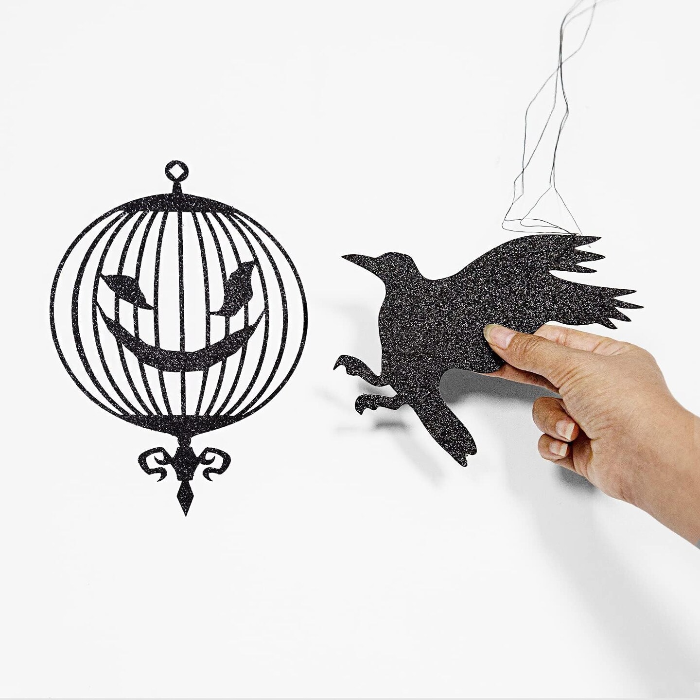 Black Crow &#x26; Cage Garland for Gothic Glitter Halloween Sticker Decals Tree Hanging Decorations Raven Bird and Cage Banner Garland Backdrop for Horror Theme Birthday Party Supplies