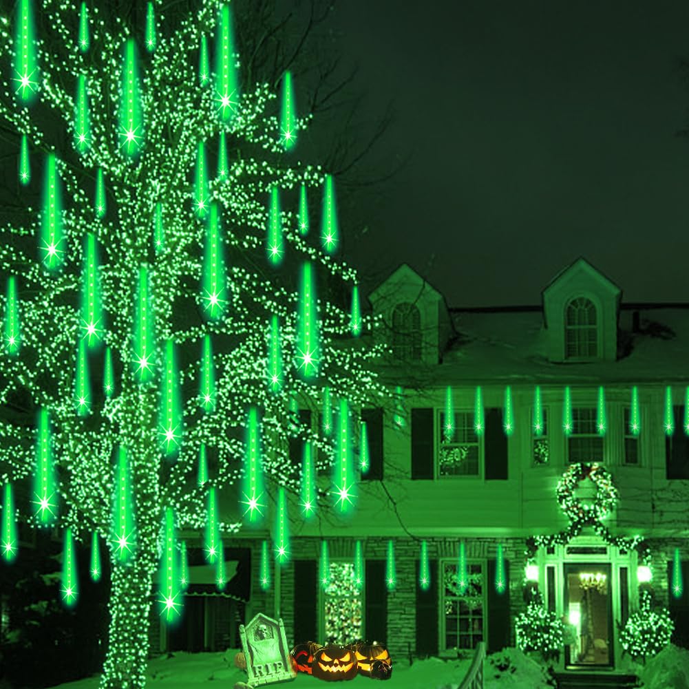Halloween Lights Outdoor, Meteor Shower Lights Christmas Lights for Halloween Decorations, 8Tube 192LED Snow Falling Rain Icicle String Lights for Xmas Christmas Decor Tree Party,UL Plug Green