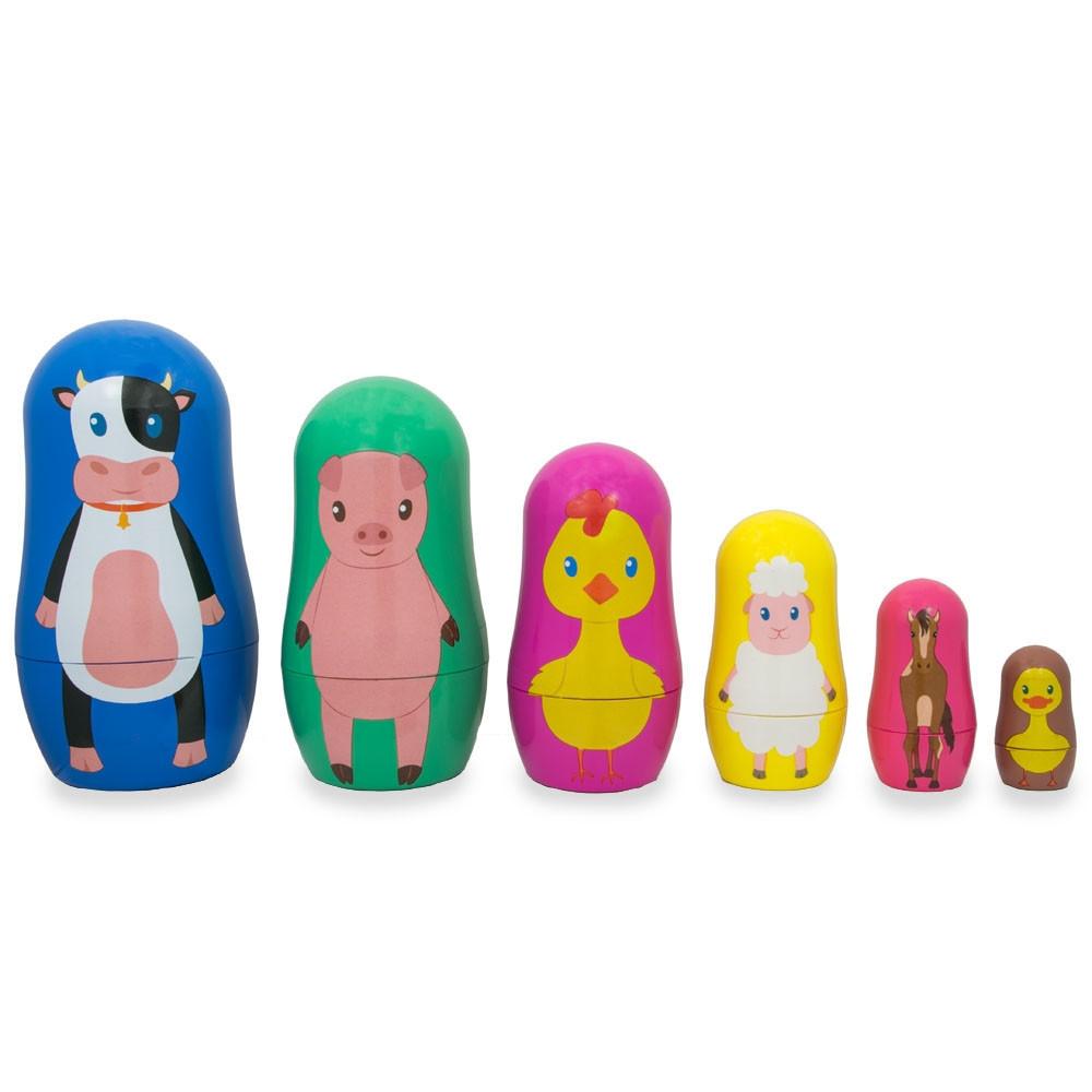 6 Farm Animals Plastic Nesting Dolls Cow, Pig, Chicken, Lamb, Horse &#x26; Duck