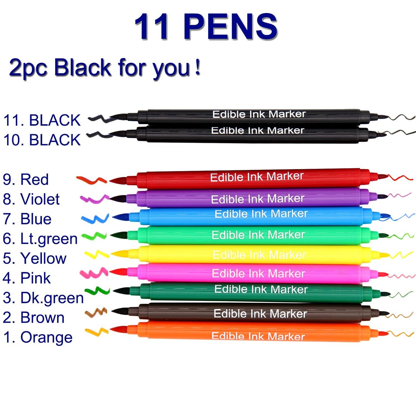 11 Pieces Double Sided Food Grade and Edible Marker,Gourmet Writers for Decorating Fondant,Cakes, Cookies, Frosting, Easter Eggs, Thick Tip and Fine Tip, 10 Colors, by Edibleink