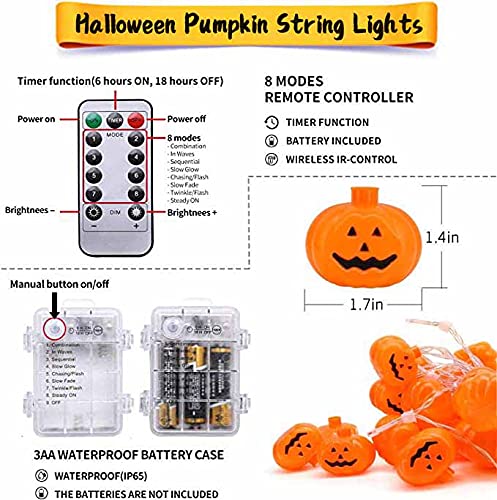 Halloween String Lights, LED Pumpkin Lights - 3D Waterproof Orange Jack-O-Lantern 20 LED Battery Operated String Lights, 8 Modes Holiday Lights for Indoor Outdoor Decor Party Decorations