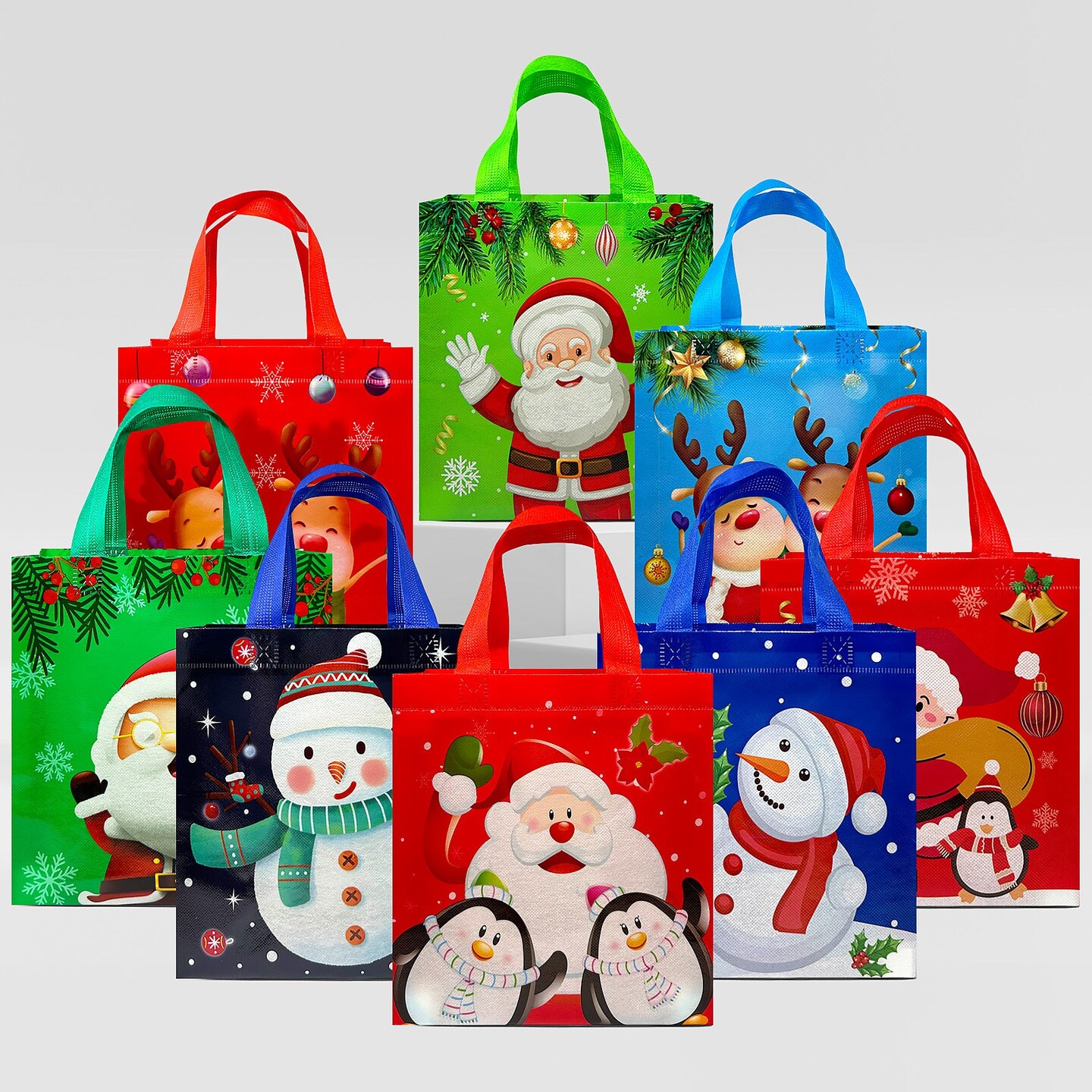 Wrapables Non-Woven Reusable Cheerful Christmas Gift Bags with Handles for Gift Wrap, Parties, Favors and Treats (Set of 8), Holiday Cheer