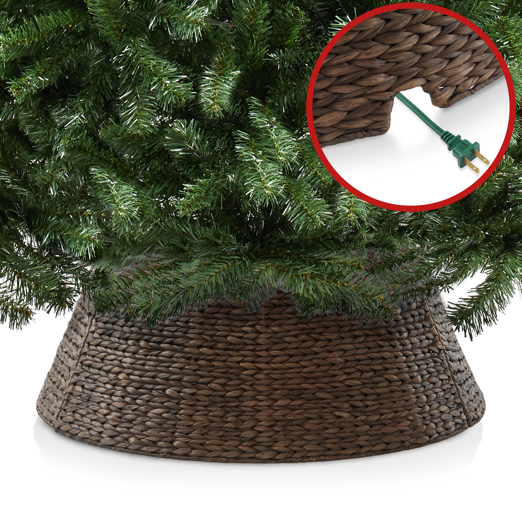 Casafield Christmas Tree Collar, Woven Water Hyacinth Tree Base Cover with Cord Cut Out
