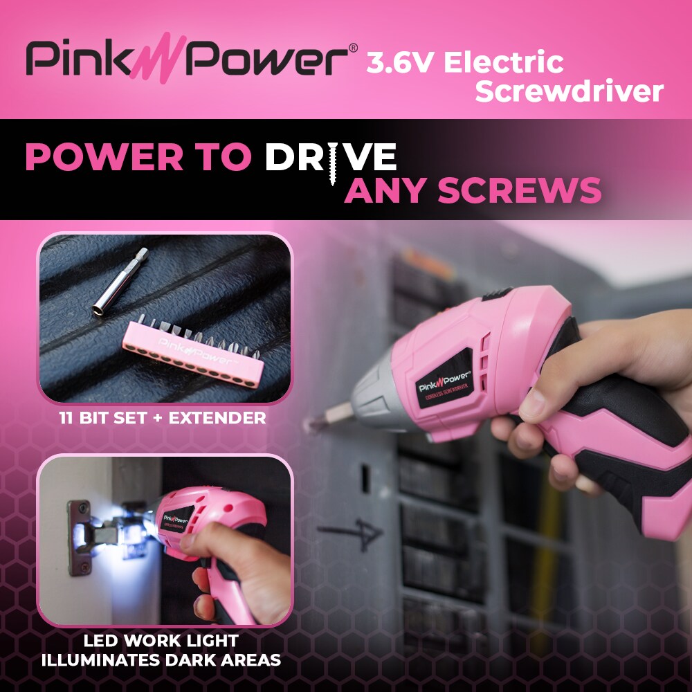 Pink Power Cordless Screwdriver Set - 3.6V Electric Screwdriver Rechargeable Screw Gun Kit - Automatic Mini Pink Drill Set for Women - Portable Small Drill Battery Powered Screwdriver LED Light
