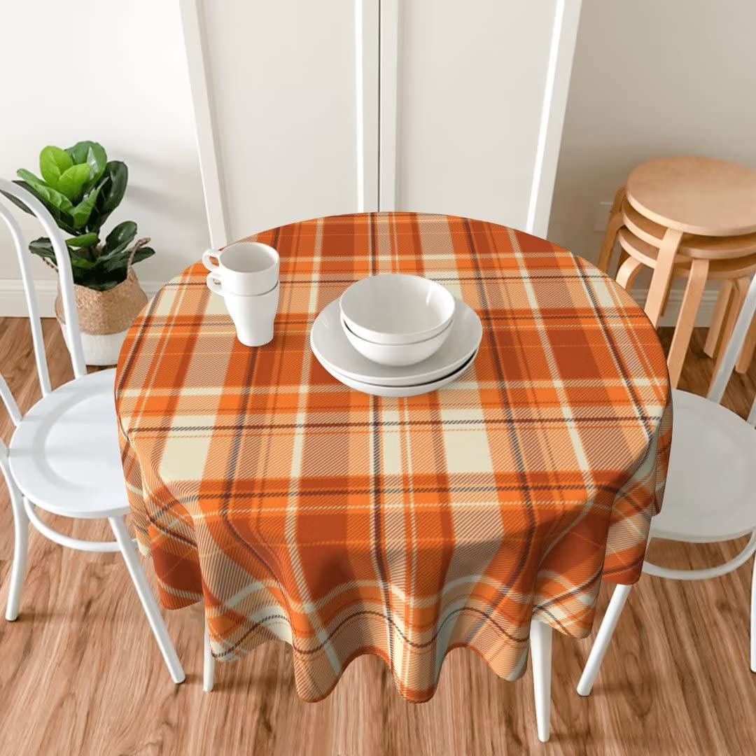 Fall Tablecloth 60 Inch Round Autumn Thanksgiving Plaid Table Cloth Dust-Proof Wrinkle Resistant Rustic Tablecloth for Holiday Kitchen Dining Room Party Picnic Indoor Outdoor