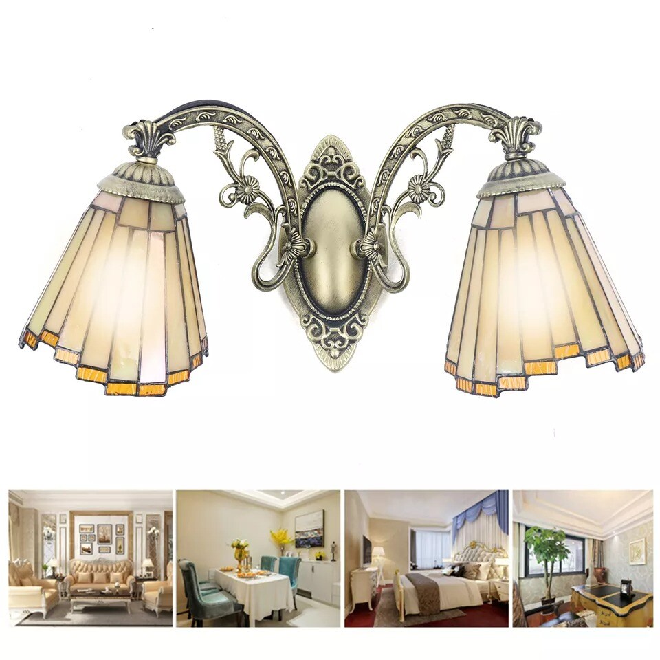 Antique Tiffany Bathroom Vanity 2-Light Vintage Stained Glass Wall Light Fixture
