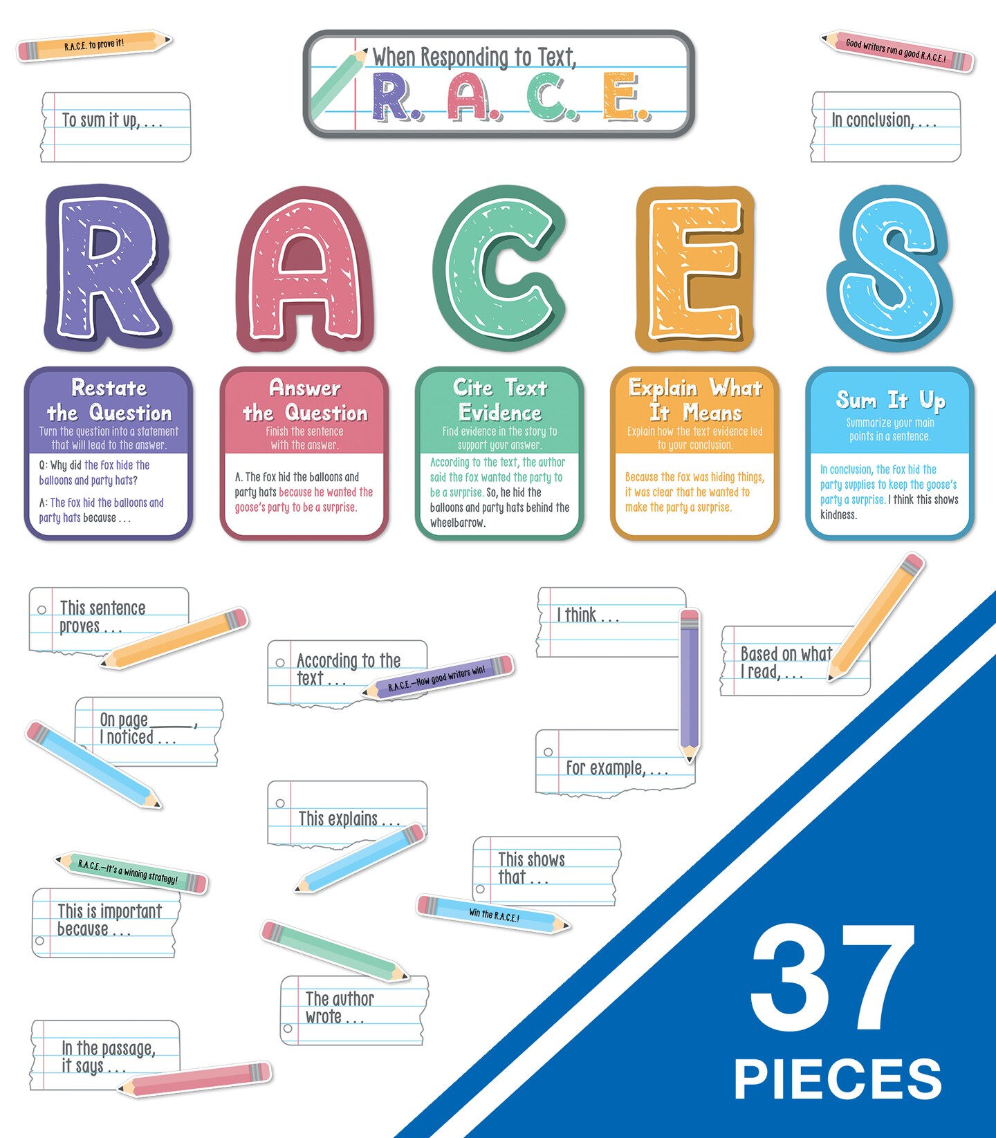Carson Dellosa 37-Piece RACES Writing Process Bulletin Board Decorations Set, Pencil Cutouts, Sentence Strips, and Strategy Charts, ELA Classroom Decor and Teacher Supplies