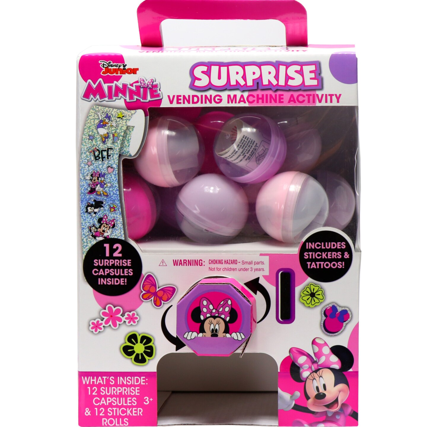 Tara Toy: Surprise Vending Machine: Minnie Mouse 12 Capsules, Sticker &#x26; Tattoo Rolls, Puffy &#x26; Sparkle, Glow-In-The Dark, Disney Junior, Kids Ages 3+