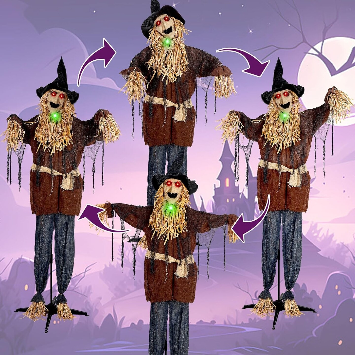 6FT Halloween Animated Scarecrow Props, Live-Sized Voice Activated Ghost with Turning Heads, Swing Arms, Red Lighted Eyes &#x26; Scary Sound for Haunted House Spooky Party Decorations