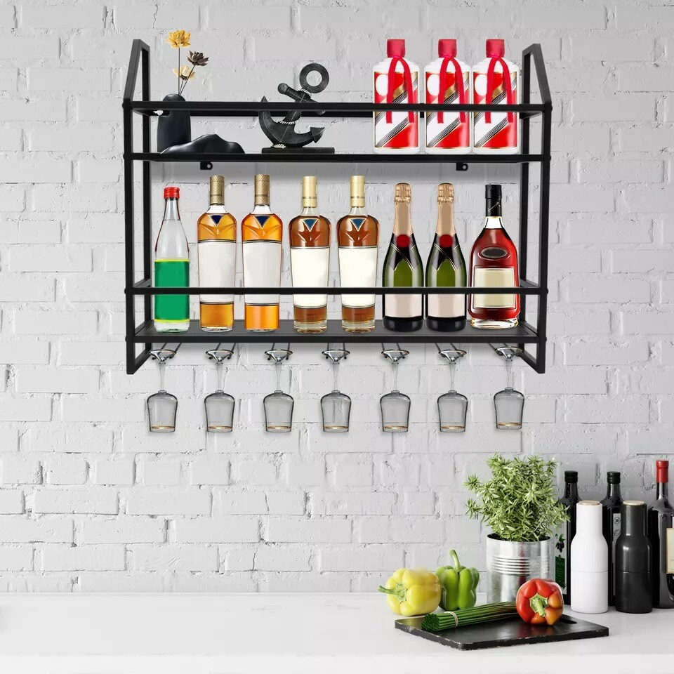 Black 2-Tier Bar Wall-Mounted Shelf Metal Wine Rack for 20 Bottles &#x26; 7 Goblets