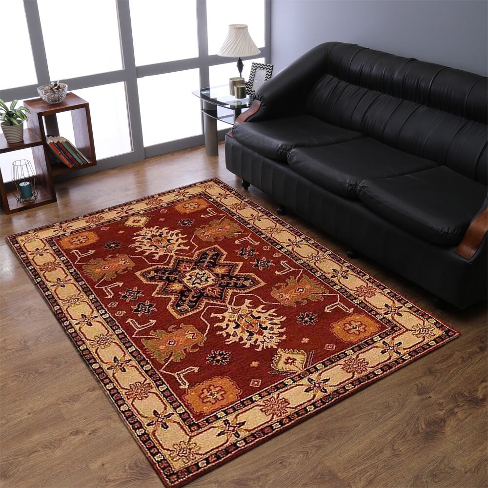Hand Tufted Wool Area Rug Red Cream Round Eco-Friendly K00535 5X5 Ft