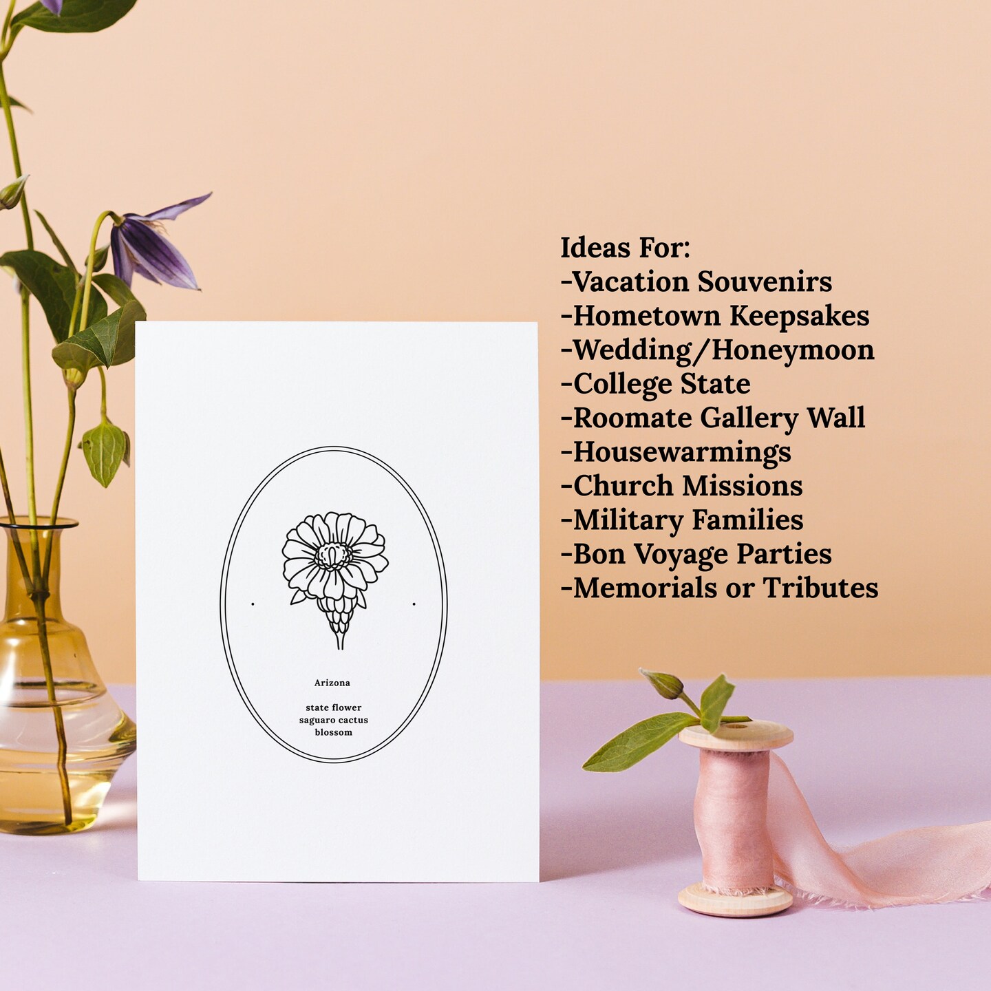 Arizona Saguaro Cactus Blossom US State Flower Print | Unframed Floral Line Art | USA State Missing Home Gift product 3