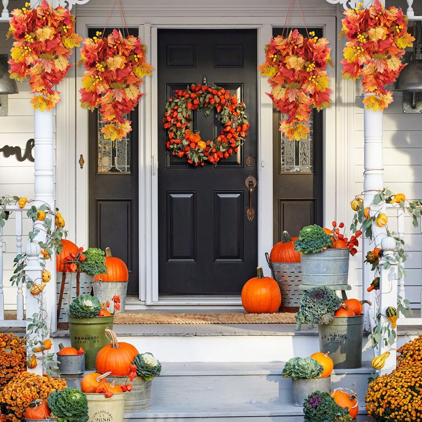 Fall Leaves Hanging Plant Artificial Fall Leaves Garland with Berry Fake Autumn Wall Hanging Leaf Vines for Home Halloween Party Door Frame Fireplace Decoration(Orange with Berry)