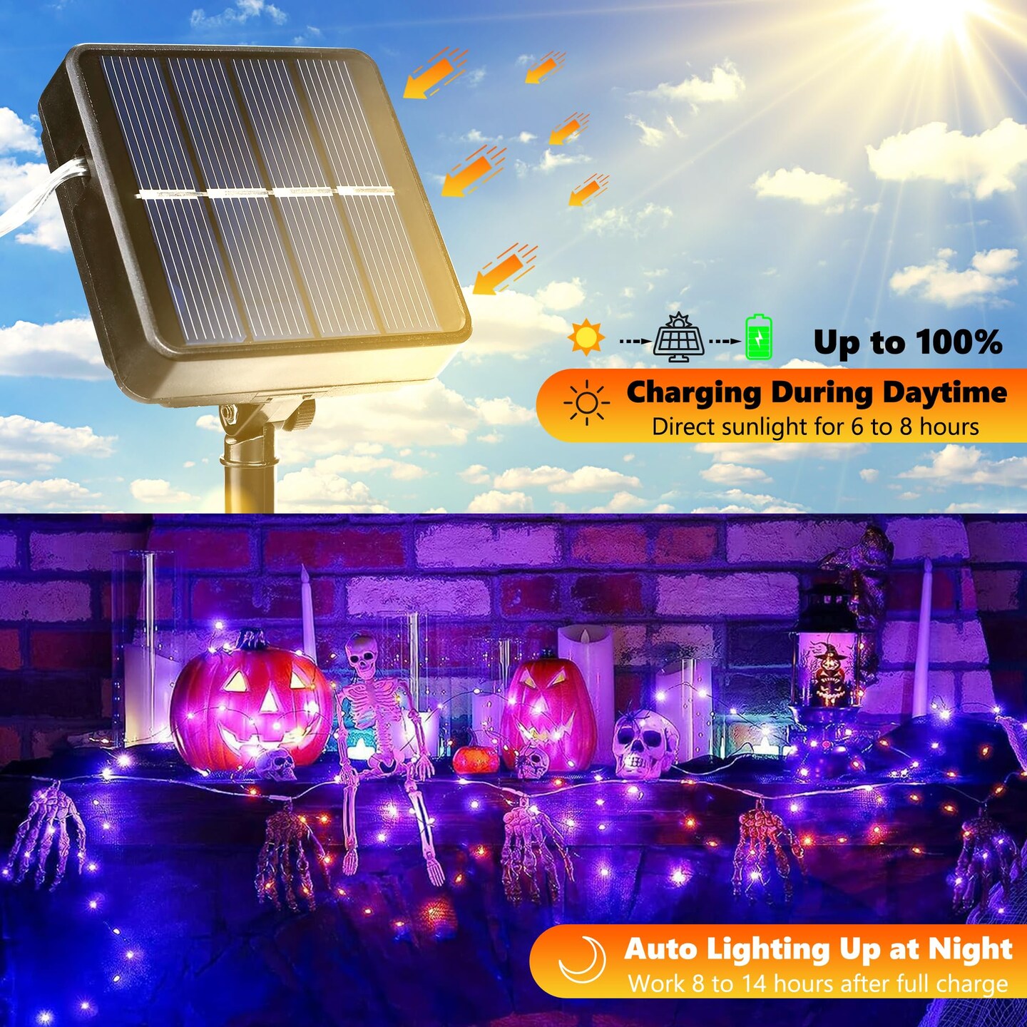 2 Pieces Orange Purple Halloween Solar String Lights Total 100ft 300LED 8 Modes Solar Fairy Lights, Waterproof Lights Black Wire for Halloween Decorations