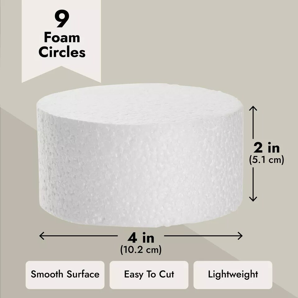 9 Pack Polystyrene Foam Circles for Crafts, DIY Floral Arrangements, 4 x 2 In