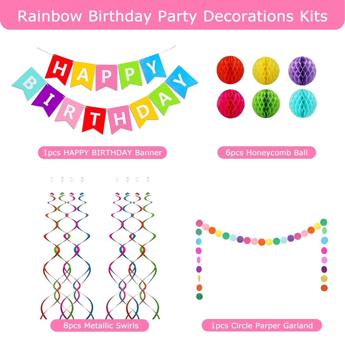 Rainbow Birthday Banner, 6 Honeycomb Balls, 8 Metallic Hanging Swirls and Circle Parper Garland, Happy Birthday Decorations