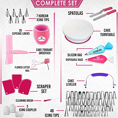 200 Pieces Gift For Women-Cake Decorating Supplies Kit for Beginners RFAQK - Turntable with 48 Numbered Piping &7 Korean Tips(Pattern chart included)-Straight & Offset Spatula-Leveler &Baking tools
