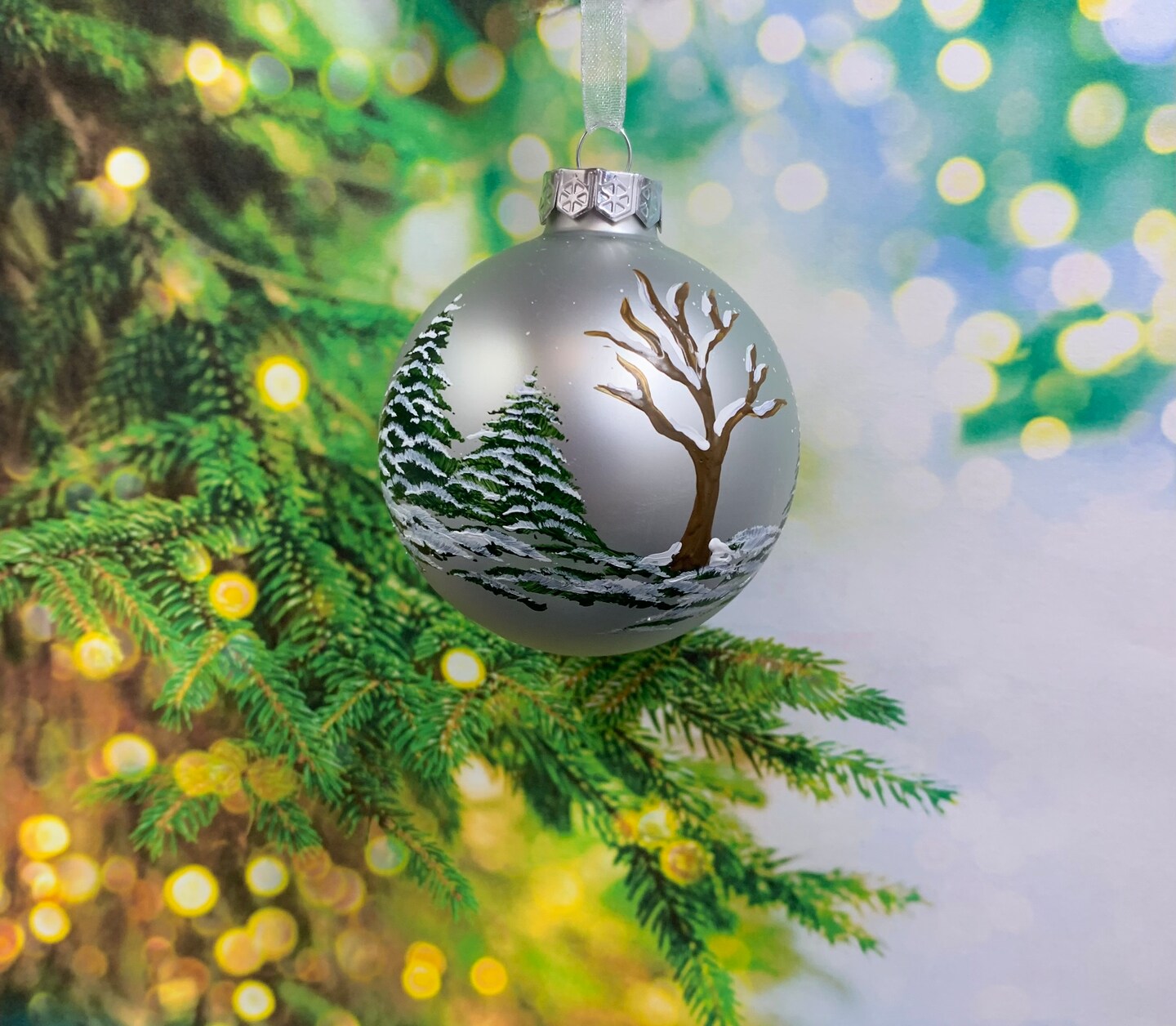 Snow covered trees painted on silver matte glass ornaments, glass Christmas  keepsake ornaments, gift box optional | MakerPlace by Michaels, image size:1080x942