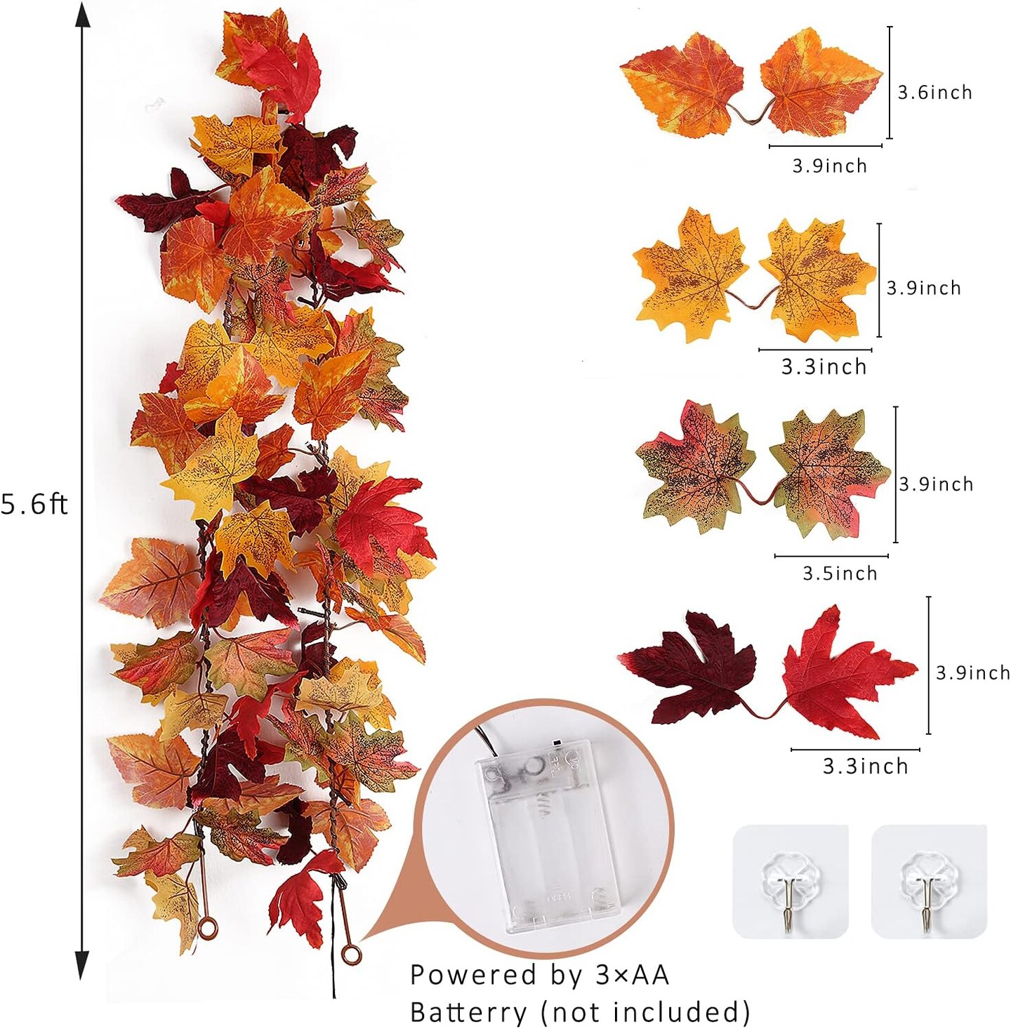 Thanksgiving Decor for Table,Artificial Maple Leaves Garlands with Lights, Autumn Wall Hanging Maple Leaf Decoration for Indoor Outdoor 1Pcs /Red