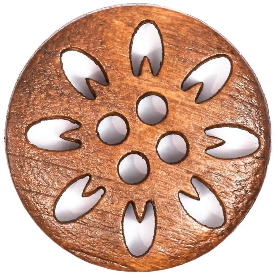 100x Wood Snowflake Floral Carved Buttons for Sewing DIY Crafts,4 Holes, 1 inch