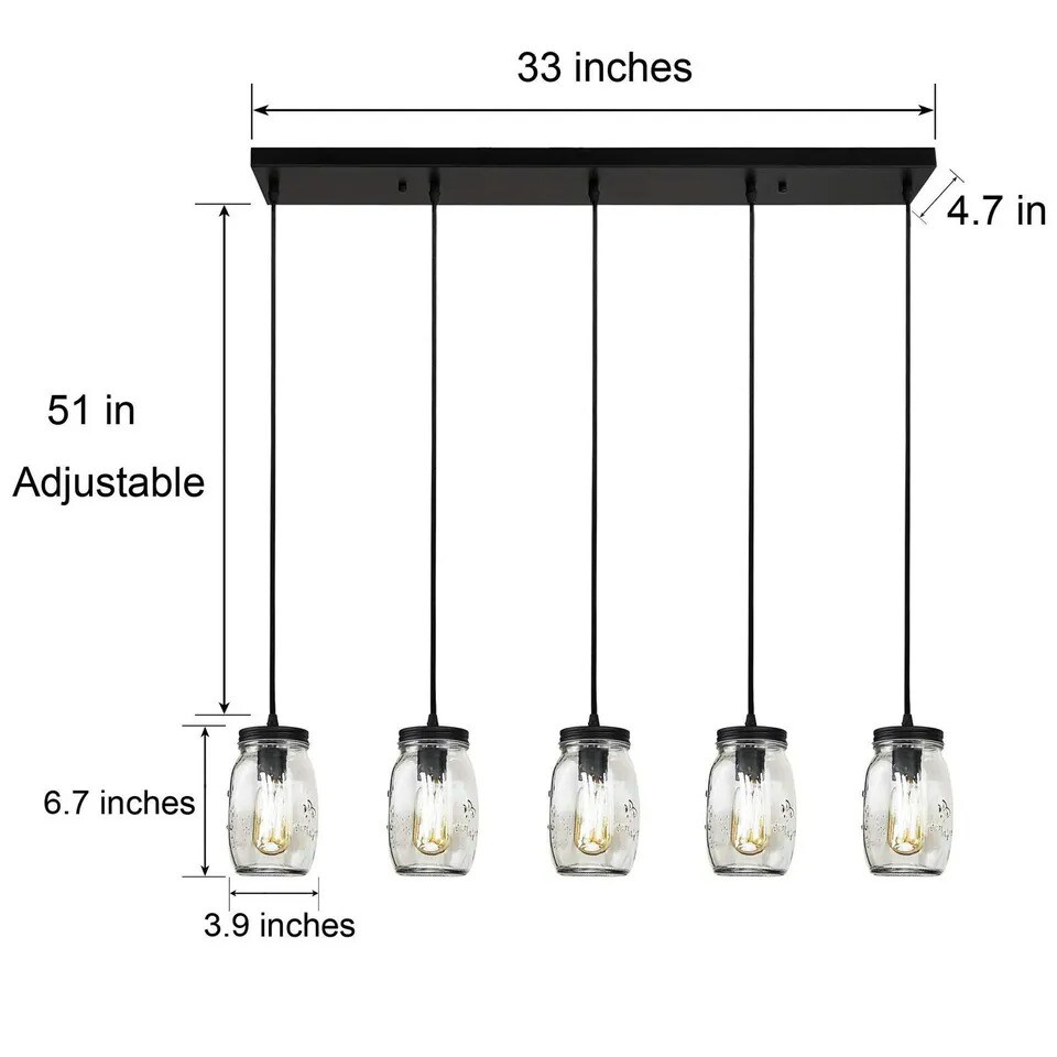 5Lights Glass Mason Jar Island Pendant Light Ceiling Light Fixture Kitchen Decor