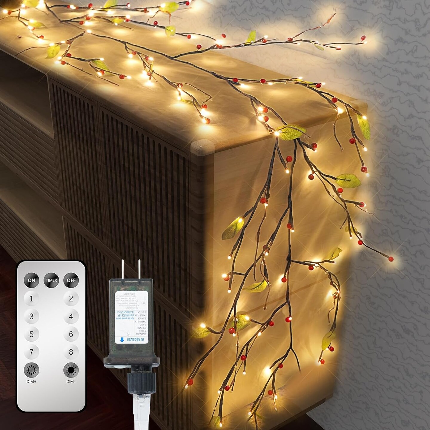 Garland with Lights 9.8FT Lighted Branches Flexible DIY Lighted with Remote Timer Dimmer 144LEDs for Bedroom Fireplace Wall Decor