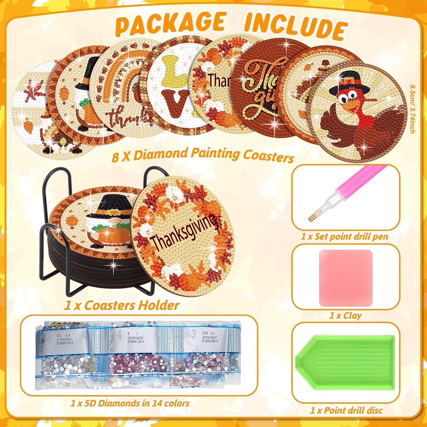 Diamond Painting Fall Diamond Art Coasters with Holder Turkey Gnome Pumpkin Diamond Panting Kits Orange Diamond Coasters for Adults Kids Craft Gifts