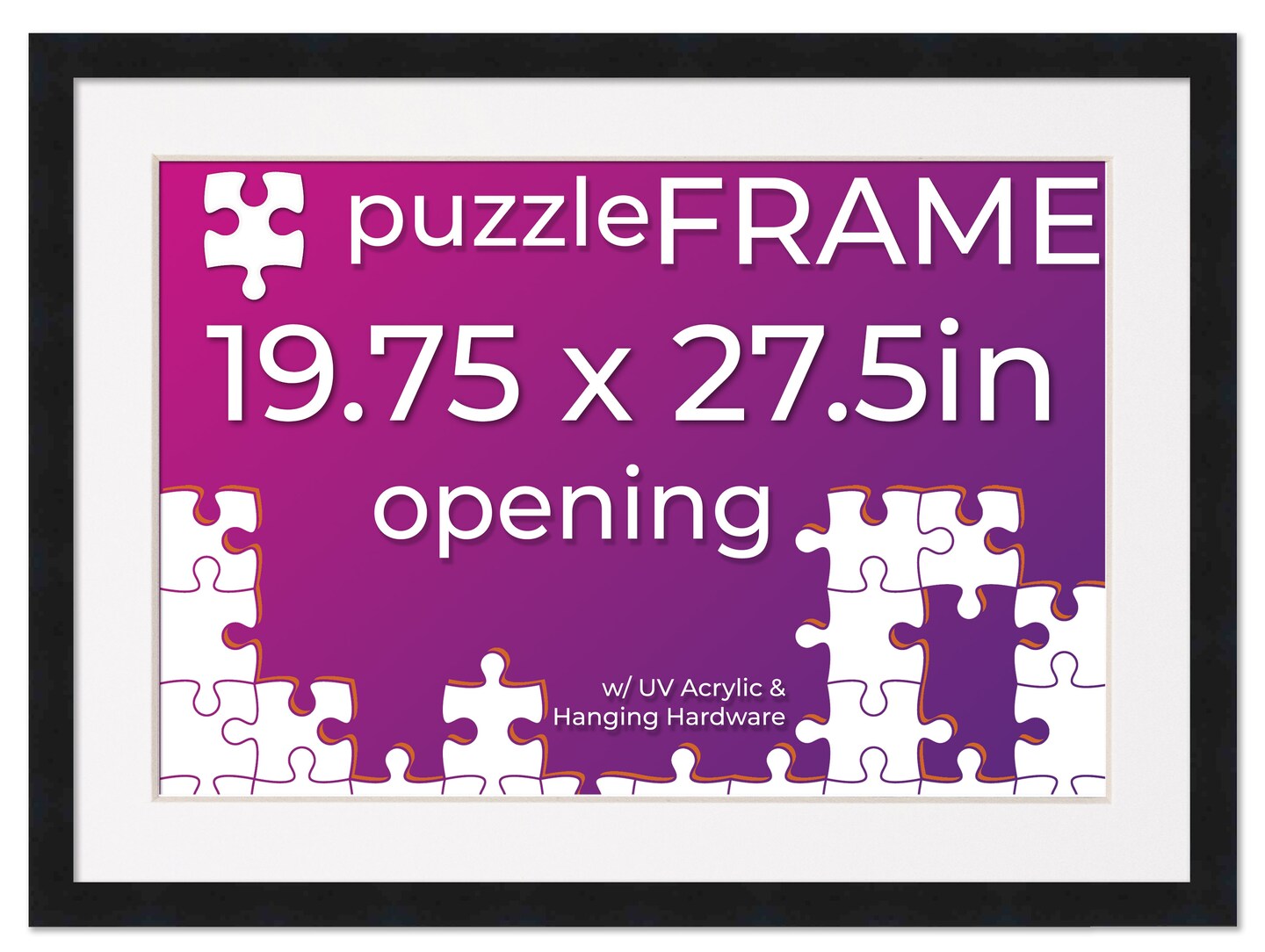 Black Wood Puzzle Frame Kit with Glue Sheets, White Mat, Backing, UV Acrylic - Available in 20 Popular Sizes