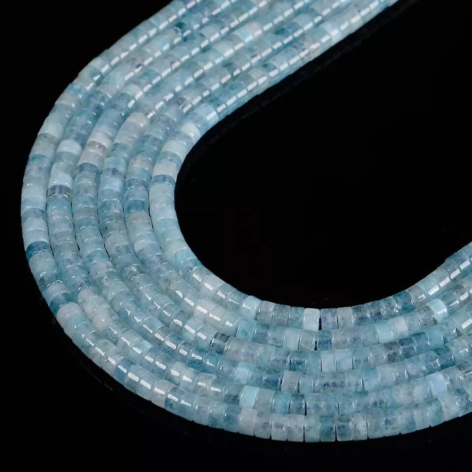 Natural Aquamarine Heishi Disc Beads Size 2x4mm 15.5&#x27;&#x27; Strand